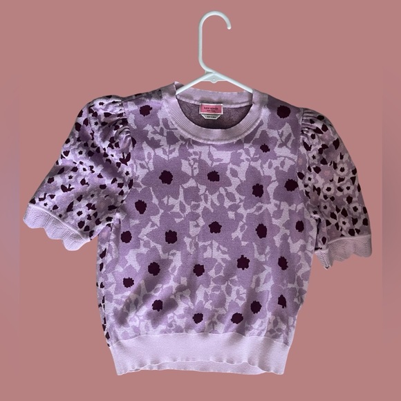 Kate Spade Pink & Burgundy Floral Knit Puff Sleeve Top – Size Large - Picture 2 of 5